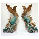 1205	LARGE CHINESE GLAZED TERRACOTTA 2 PART FISH PAIR, EACH APPROXIMATELY 22 IN X 8 IN X 36 IN H, BO