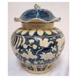 1207	LARGE CHINESE COVERED JAR WITH IMAGES OF FISH AND FLOWERS, CHARACTER MARKS ON BASE, APPROXIMATE