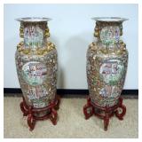 1213	PAIR OF CHINESE PORCELAIN FLOOR URNS ON STANDS WITH CHARACTER MARKS ON BASE, EACH APPROXIMATELY 36 IN H WITHOUT STANDS