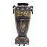 1219	LARGE BRONZE CLOISONNE URN WITH ELEPHANT FEET AND ELEPHANT TRUNK HANDLES, APPROXIMATELY 25 IN H
