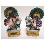 1224	PAIR GLAZED TERRACOTTA PEACOCK FIGURES, EACH APPROXIMATELY 9 IN H