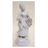 1026	ANTIQUE PORCELAIN FIGURE OF WOMAN CARRYING FLOWER BASKET, CROWN MARK INCISED ON BASE, APPROXIMA