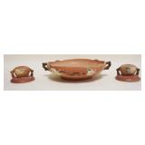 1042	ROSEVILLE ART POTTERY *APPLE BLOSSOM* CONSOLE BOWL & 2 CANDLESTICKS, BOWL APPROXIMATELY 11 IN X