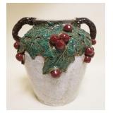 1053	LARGE POTTERY DOUBLE HANDLED VASE W/APPLIED FRUIT & VINES, APPROXIMATELY 12 IN HIGH