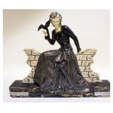1065	ART DECO CAST METAL STATUE OF WOMAN W/BIRD PERCHED ON HER HAND, ON MARBLE & CHROME BASE, LOSS T
