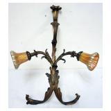 1078	LARGE BRONZE WALL SCONCE W/2 GOLD IRRIDECENT ART GLASS SHADES, APPROXIMATELY 32 IN HIGH X 23 IN