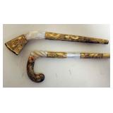 1080	PAIR OF MOTHER OF PEARL & GOLD FLASHED METAL PARASOL HANDLES, LARGEST APPROXIMATELY 10 IN LONG