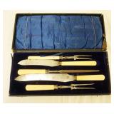 1113	ANTIQUE 5 PIECE CARVING SET, LARGEST PIECE APPROXIMATE.Y 14 IN