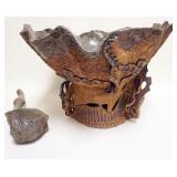 1131	ART POTTERY IMPRESSIONIST PUNCH BOWL W/WOOD HANDLE LADLE, APPROXIMATELY 20 IN X 15 IN HIGH