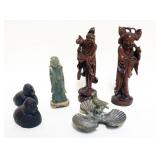 1135	GROUP OF ASSORTED SMALLS INCLUDING CARVED WOOD ASIAN FIGURES, JADE STATUE, CARVED WOOD BIRDS, E