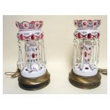 1138	PAIR OF BOHEMIAN GLASS LUSTRES, EACH APPROXIMATELY 13 IN HIGH, BASE METAL TARNISHED