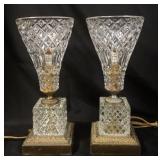 1139	PAIR OF CRYSTAL GLASS LUSTRES, EACH APPROXIMATELY 14 1/2 IN HIGH, BASE METAL TARNISHED