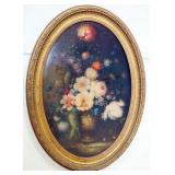1143	LARGE CONTEMPORARY OVAL PAINTING ON CANVAS, STILL LIFE, ARTIST SIGNED LOWER LEFT F LAVOE, APPRO