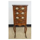 1213	ENGLISH OLIVE WOOD 4 DRAWER DIMINUTIVE CHEST WITH PORCELAIN INSET PULLS,  MISSING ON LOWER DRAW