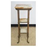 1215	ORNATE VICTORIAN BRASS BASE STAND WITH ONYX TOP AND 2 SHELVES, APPROXIMATELY 14 IN X 14 IN X 39