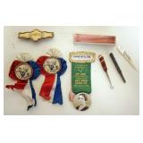 1240	GROUP OF ASSORTED ANTIQUE LODGE PINS, STERLING PENCIL, BUTTON HOOK, ETC.