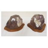 1280	PAIR OF LARGE AMETHYST QUARTZ CRYSTAL BOOKENDS ON WOOD BASES, ONE NEEDS TO BE REGLUED TO BASE, 