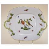 1037	HEREND HAND PAINTED PORCELAIN *ROTHSCHILD* BIRD DOUBLE HANDLED SERVING DISH, APPROXIMATELY 11 1