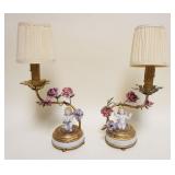 1049	PAIR OF PORCELAIN FIGURAL TABLE LAMPS ON MARBLE BASES W/IMAGES OF WINGED CHERUBS & FLOWERS, EAC