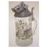 1063	GERMAN GLASS STEIN WITH HAND PAINTED SCENE OF BOAR AND GEESE, EMBOSSED PEWTER BOARS HEAD LID, A