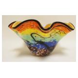 1067	LARGE BADASH ALLURA ART GLASS BOWL W/RUFFLED EDGE, APPROXIMATELY 16 IN X 8 1/2 IN HIGH