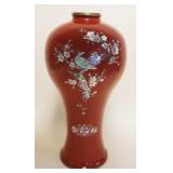 1113	LARGE ASIAN RED ENAMELED VASE W/MOTHER OF PEARL BIRD & FLOWER, APPROXIMATELY 17 IN HIGH