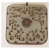 1114	ANTIQUE CARVED JADE BUTLERS BELL W/CARVED EMPEROR RIDING HORSE, APPROXIMATELY 3 1/4 IN SQUARE X