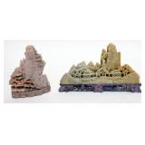 1116	ASIAN CARVED SOAPSTONE MOUNTIAN & VILLAGE LANDSCAPES, LARGEST APPROXIMATELY 6 IN X 4 IN HIGH