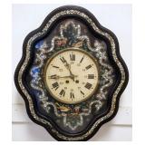 1122	FRENCH BLACK LACQUERED WALL CLOCK W/HAND PAINTED BIRDS & FLOWERS, & MOTHER OF PEARL INLAY, APPR