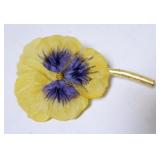 1163	DESIGNER FLORAL PIN BY FABRICE, APPROXIMATELY 4 1/4 IN, YELLOW/PURPLE  BROOCH