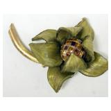 1166	DESIGNER FLORAL PIN BY FABRICE, APPROXIMATELY 4 IN, GREEN WITH GEMSTONE CENTER BROOCH