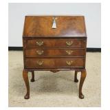 1220	ENGLISH BURLED WALNUT 3 DRAWER SECRETARY DESK WITH LETTER SLOT, 2 DRAWER INTERIOR, APPROXIMATEL