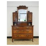 1223	DIMINUATIVE WALNUT 4 DRAWER CHEST WITH BEVELED GLASS MIRROR AND BURLED WALNUT DOOR AND CUT DRAW