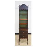 1227	FLINT FURNITURE NARROW MAHOGANY BOOKCASE, DISPLAY CABINET OVER 2 DRAWERS, APPROXIMATELY 18 IN X