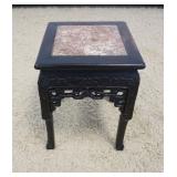 1241	ANTIQUE ASIAN STAND WITH BROWN MARBLE INSET TOP AND CARVED LEGS AND SKIRT, APPROXIMAATELY 14 IN