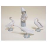 1015	LLADRO PORCELAIN FIGURES, 3 GEESE, TALLEST APPROXIMATELY 5 IN HIGH & GIRL W/ROOSTER, APPROXIMAT