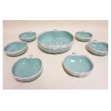 1026	MIDCENTURY MODERN DRIP GLAZE POTTERY SALAD/FRUIT SET W/10 1/2 IN MASTER BOWL & 6-6 IN BOWLS IN 