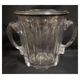 1043	ANTIQUE HEAVY GLASS CHAMPAGNE BUCKET, DOUBLE HANDLED, GOUND & POLISHED BASE, ETCHED MADE IN FRA