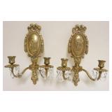 1051	PAIR OF HEAVY CAST BRASS CANDLE WALL SCONCES WITH PRISMS, EACH APPROXIMATELY 14 IN H