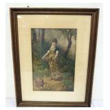 1057	FRAMED WATER COLOR OF WOMAN GATHERING FRUIT, ARTIST SIGNED, APPROXIMATELY 21 IN X 27 IN OVERALL