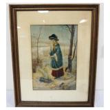 1058	FRAMED WATER COLOR OF WOMAN IN WINTER, PARIS, ARTIST SIGNED, APPROXIMATELY 21 IN X 27 IN OVERAL