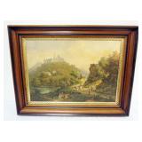 1059	FRAMED PRINT OF CASTLE SCENE IN DEEP WALNUT FRAME, APPROXIMATELY 32 IN X 25 IN OVERALL