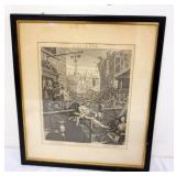 1063	FRAMED ENGRAVING *GIN STREET* HOGARTH ENGRAVING, APPROXIMATELY 20 IN X 23 IN OVERALL