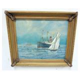 1068	OIL PAINTING ON BOARD, FREDERICK TORDOFF, SAILING SHIPS AND OCEAN LINER, APPROXIMATELY 17 IN X 