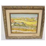1076	OIL PAINTING ON BOARD, RURAL FARM SCENE, APPROXIMATELY 20 IN X 24 IN