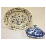 1089	DRESDEN FURNIVALS LTD ONION PLATTER AND BLUE COVERED DISH, PLATTER APPROXIMATELY 16 1/2 IN X 13