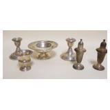 1102	STERLING SILVER WEIGHTED GROUP INCLUDING COMPOTE, CANDLESTICKS, ETC., TALLES PIECE APPROXIMATEL