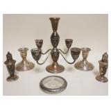 1103	STERLING SILVER WEIGHTED GROUP INCLUDING CANDLESTICKS, SALT & PEPPER, ETC., TALLEST PIECE APPRO
