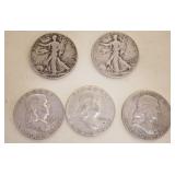 1107	SILVER HALF DOLLARS, 5 FRANKLIN AND WALKING LIBERY