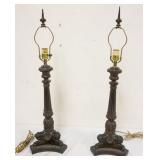 1112	ORNATE CAST METAL TABLE LAMPS IN THE FORM OF FOOTED CANDLESTICKS, EACH APPROXIMATELY 31 IN H